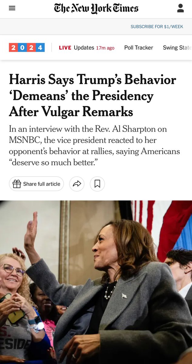TheRevAl's tweet photo. Harris Says Trump’s Behavior ‘Demeans’ the Presidency After Vulgar Remarks

In an interview with the Rev. Al Sharpton on MSNBC, the vice president reacted to her opponent’s behavior at rallies, saying Americans “deserve so much better.”

https://t.co/kKMRfjXIaw

  @VP @nytimes https://t.co/6cHzID0MUi