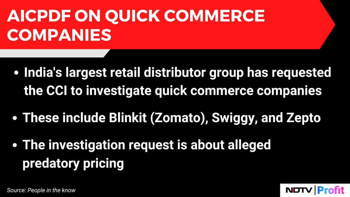NDTVProfitAlpha's tweet photo. #AICPDF requests the #CCI to investigate quick commerce companies.
For the latest news and updates, visit: https://t.co/by4FF5o0Ew https://t.co/UEogM09F6N