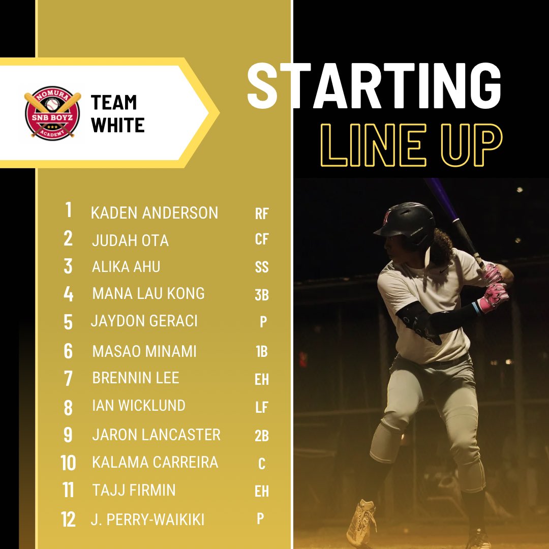 Sunday Night Baseball on Oahu (@snbonoahu) on Twitter photo Starting Lineup: Team White
2024 <a href="/HHSAAsports/">HHSAAsports</a> State Tournament MVP <a href="/hammah_anderson/">Kaden Anderson</a> will set the table for D1 commits <a href="/ota_judah/">Judah Ota</a> <a href="/alika_ahu_1/">Alika Ahu</a> & Mana Lau Kong. Big Island slugger <a href="/Jaydon_Geraci/">Jaydon Geraci</a> back in town along with <a href="/JPW_4/">Jayden Perry-waikiki</a> from Maui.
#SNBonOahu | <a href="/NomuraAcademy/">Nomura Baseball Academy</a> Starting Lineup: Team White
2024 <a href="/HHSAAsports/">HHSAAsports</a> State Tournament MVP <a href="/hammah_anderson/">Kaden Anderson</a> will set the table for D1 commits <a href="/ota_judah/">Judah Ota</a> <a href="/alika_ahu_1/">Alika Ahu</a> & Mana Lau Kong. Big Island slugger <a href="/Jaydon_Geraci/">Jaydon Geraci</a> back in town along with <a href="/JPW_4/">Jayden Perry-waikiki</a> from Maui.
#SNBonOahu | <a href="/NomuraAcademy/">Nomura Baseball Academy</a>