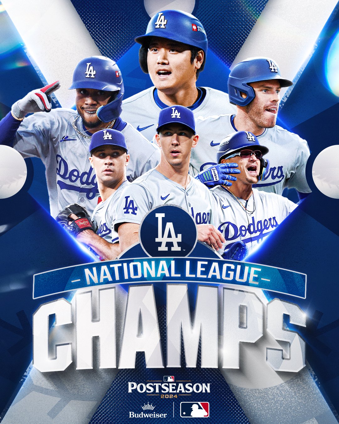 LOS ANGELES DODGERS, NATIONAL LEAGUE CHAMPS! Clinched, presented by Budwesier Pictured: Cutouts of Mookie Betts, Shohei Ohtani, Freddie Freeman, Jack Flaherty, Walker Buehler and Kiké Hernández wearing Dodgers uniforms.