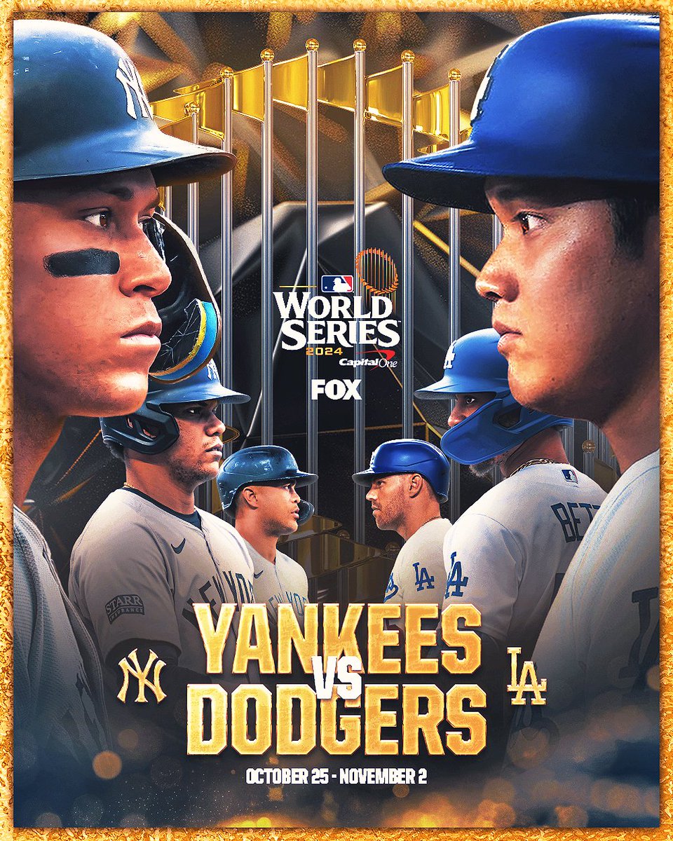 FOX Sports: MLB (@mlbonfox) on Twitter photo THE 2024 WORLD SERIES MATCHUP IS SET. 🏆
<a href="/Yankees/">New York Yankees</a> x <a href="/Dodgers/">Los Angeles Dodgers</a> THE 2024 WORLD SERIES MATCHUP IS SET. 🏆
<a href="/Yankees/">New York Yankees</a> x <a href="/Dodgers/">Los Angeles Dodgers</a>