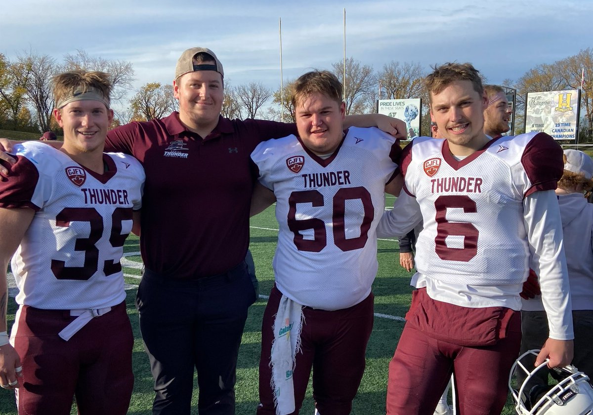 4 former members of the <a href="/SCCHS_Comp/">SCCHS_Comp</a> Colts won a Prairie Conference championship with the Regina Thunder. Zach Cloutier, Parker Robertson, Noah Steinley, and Carter Moberg were members of the Thunder, who defeated the host Saskatoon Hilltops 24-19 on Sunday. 
📸submitted