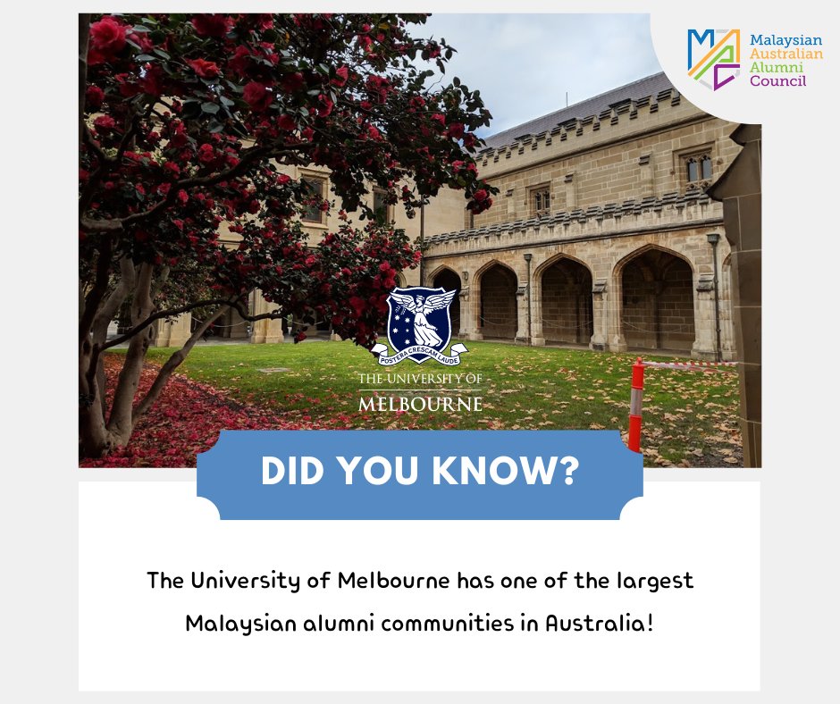 MsiaAusAlumni's tweet photo. 🌏 Did you know? @UniMelb has one of the largest Malaysian alumni communities in Australia! 🇦🇺🇲🇾 From leaders to innovators, they've made their mark. Explore your journey today! 🎓 #FunFactFriday #MalaysianAlumni #EducationAbroad https://t.co/hCmEi8HQ5S