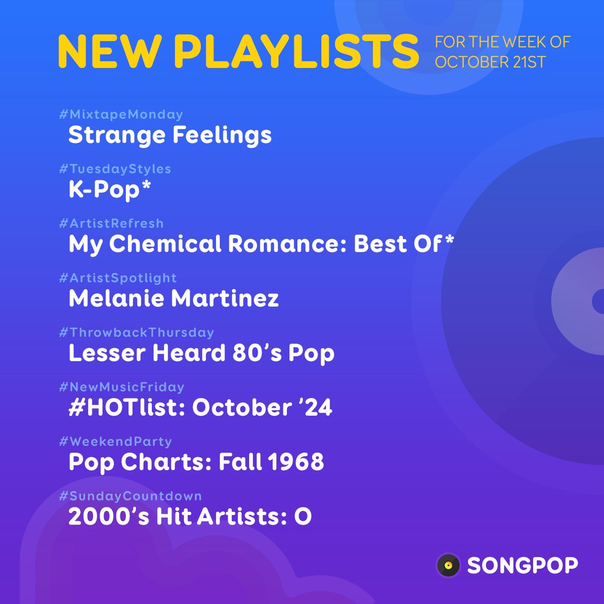 Take a look at all the #NewPlaylists coming to #SongPop for the week of October 21st!