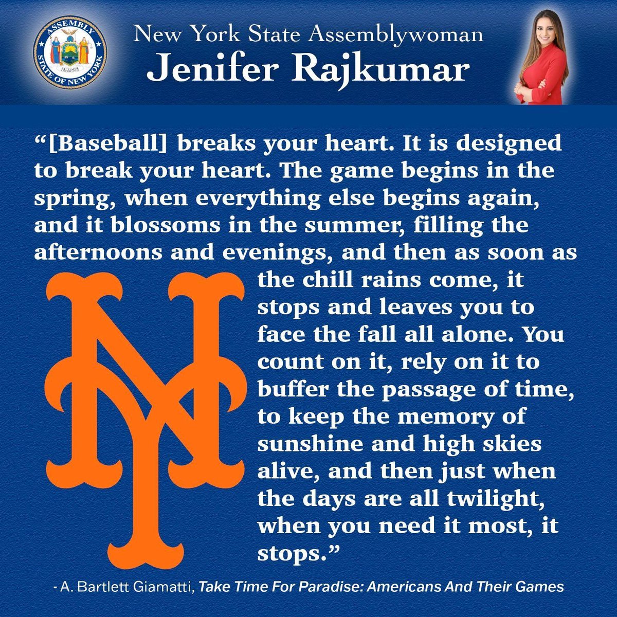 JeniferRajkumar's tweet photo. I dedicate this to all my fellow @Mets fans tonight:
โBaseball breaks your heartโฆYou count on it, rely on it to buffer the passage of time, to keep the memory of sunshine and high skies alive, and then just when you need it most, it stops.โ
#TheseMets https://t.co/Qn5v66h674