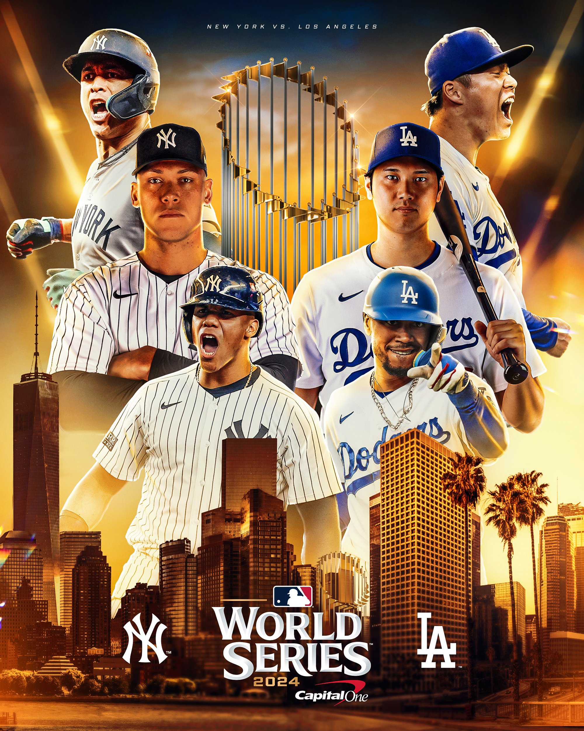 WORLD SERIES 2024! presented by Capital One New York Yankees vs. Los Angeles Dodgers Pictured: Cutouts of Giancarlo Stanton, Aaron Judge and Juan Soto in New York Yankees uniforms stacked vertically on the left side, Yoshinobu Yamamoto, Shohei Ohtani and Mookie Betts in Los Angeles Dodgers uniforms stacked vertically on the right side. In the middle is the World Series trophy. The New York and Los Angeles skylines are on the bottom.