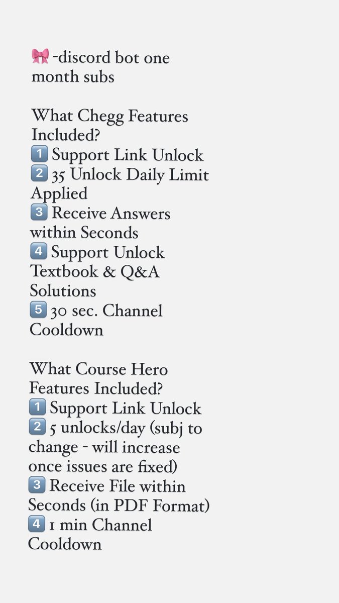 yannesells2's tweet image. Hello all, I’m back!😃

BOT UNLIMITED UNLOCKS THRU DISCORD (7in1)

 ू  Good for 1 month

#chegg
#coursehero

Tags chegg,yt,netflix,chegg