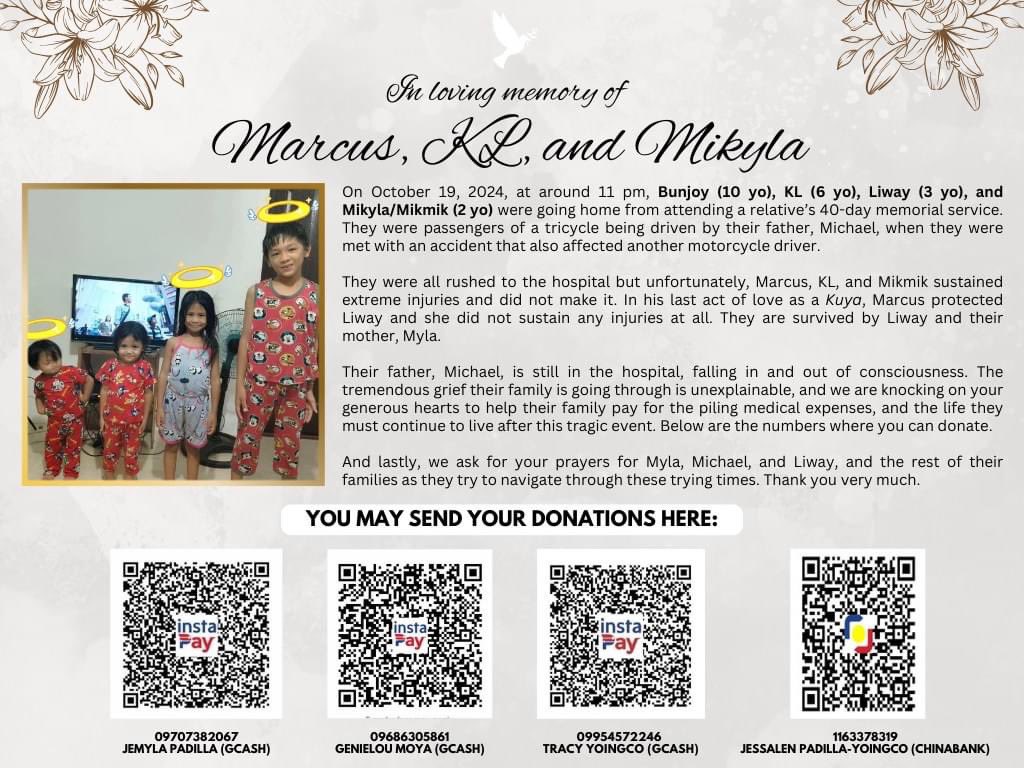 You may send your donations here:
09707382067 | Jemyla Padilla (GCASH)
09686305861 | Genielou Moya (GCASH)
09954572246 | Tracy Yoingco (GCASH)
1163378319 | Jessalen Padilla-Yoingco (Chinabank)