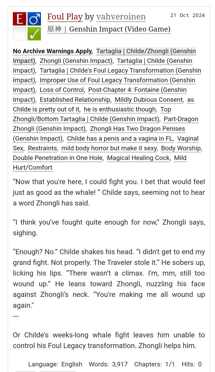 vahveroinen's tweet photo. Foul Play

After Fontaine, Childe keeps losing control of his foul legacy form.

Zhongli refuses to fight him but there are other ways to help

Explicit #ZhongChi 

For an anonymous donor for @zclaction #zclgotcha 

⬇️ Link https://t.co/QjBoyL0niS