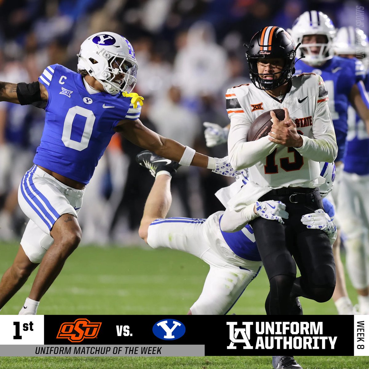 UniAuthority's tweet photo. #UniAuthority Week 8 Uniform Matchups of the Week: 
3. @GeorgiaFootball / @TexasFootball 
2. @LSUfootball / @RazorbackFB 
1. @CowboyFB / @BYUfootball 

#UAWeek8 https://t.co/CewnB9V9Xk