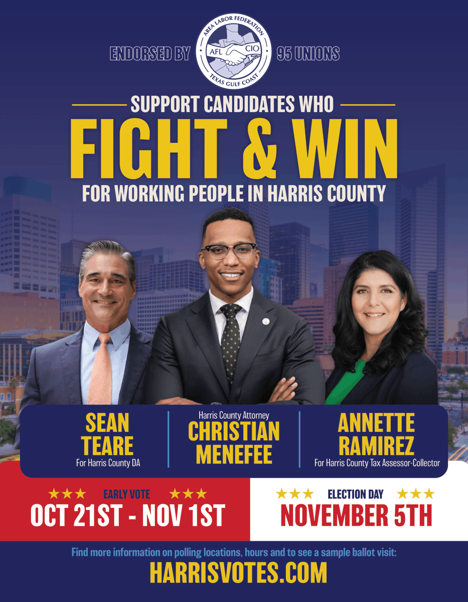 Early voting is underway in Texas! It's easy to vote pro-labor candidates with our endorsements for all of the counties in the Greater Houston area. Print them out and take them with you to the polls: gcaflcio.org/endorsements