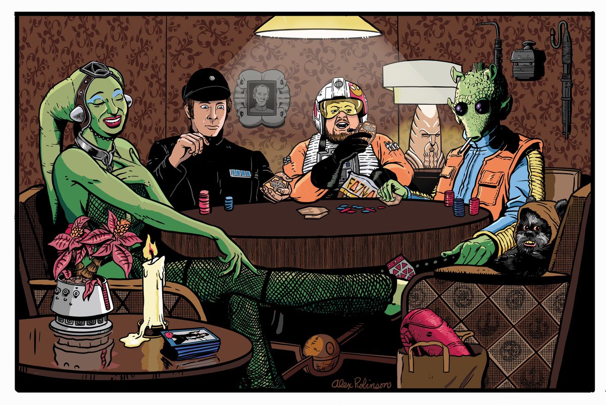 New design in our merch stores!

starwarsminute.threadless.com

Over on SWM:WE we were discussing those curious paintings of pop culture icons hanging out and someone suggested I create a #StarWarsParody version. 
#Oola #PolTreidum #Porkins #Greedo #Nanta