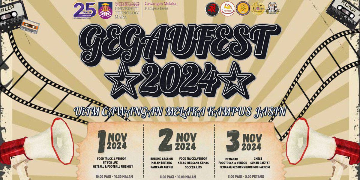 jpkkjm's tweet photo. ISNIN | 21 OKTOBER 2024

Assalamualaikum w.b.t &amp; 
Salam Sejahtera.

🎊 GEGAU FESTIVAL 2024🎊

Jawatankuasa Perwakilan Kolej (JPK) dan Jawatankuasa Perwakilan Non-Resident (JPNR) akan mengadakan Gegau Festival 2024 pada ketetapan berikut: https://t.co/2tqB6Fnqs8