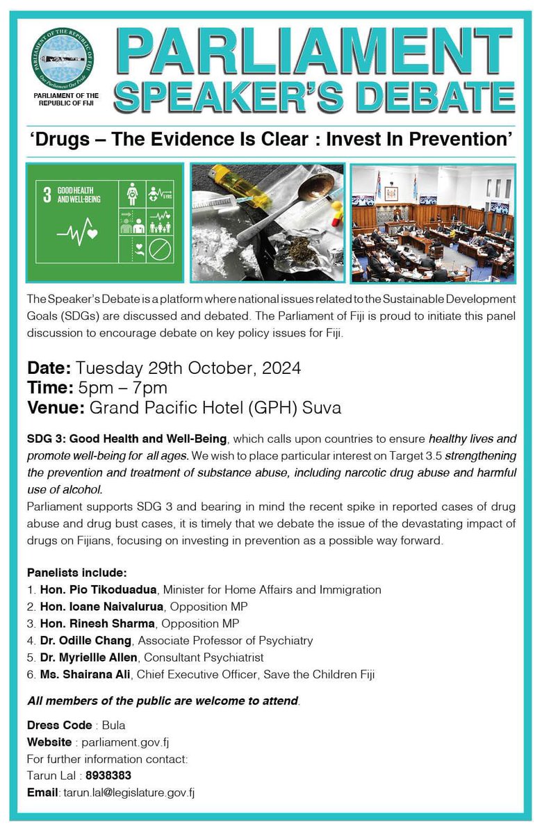 Save the Children Fiji’s CEO, Ms. Shairana Ali is a panelist during the “Parliaments Speaker’s Debate” which will take place on the 29th of October 2024 from 5pm. 

More information can be found on the flyer.