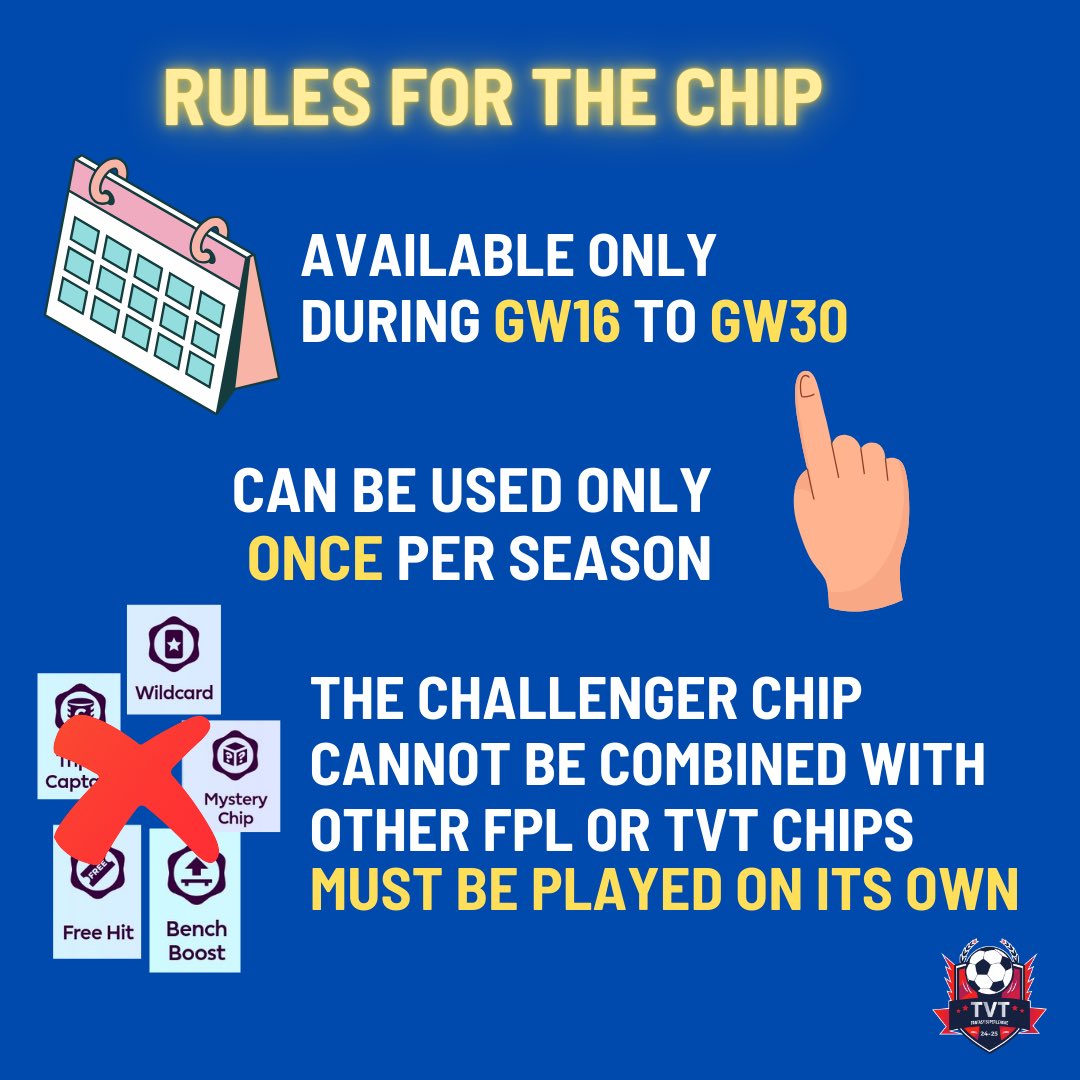 JPL_India's tweet photo. Introducing the mystery chip of this year’s TvT edition.

Challenger Chip is going to be your another way to glory by challenging the table toppers from across the groups depending on your choice.

The chip will activate in 2nd half of the season .

Good luck everyone https://t.co/10uFy4QJcX