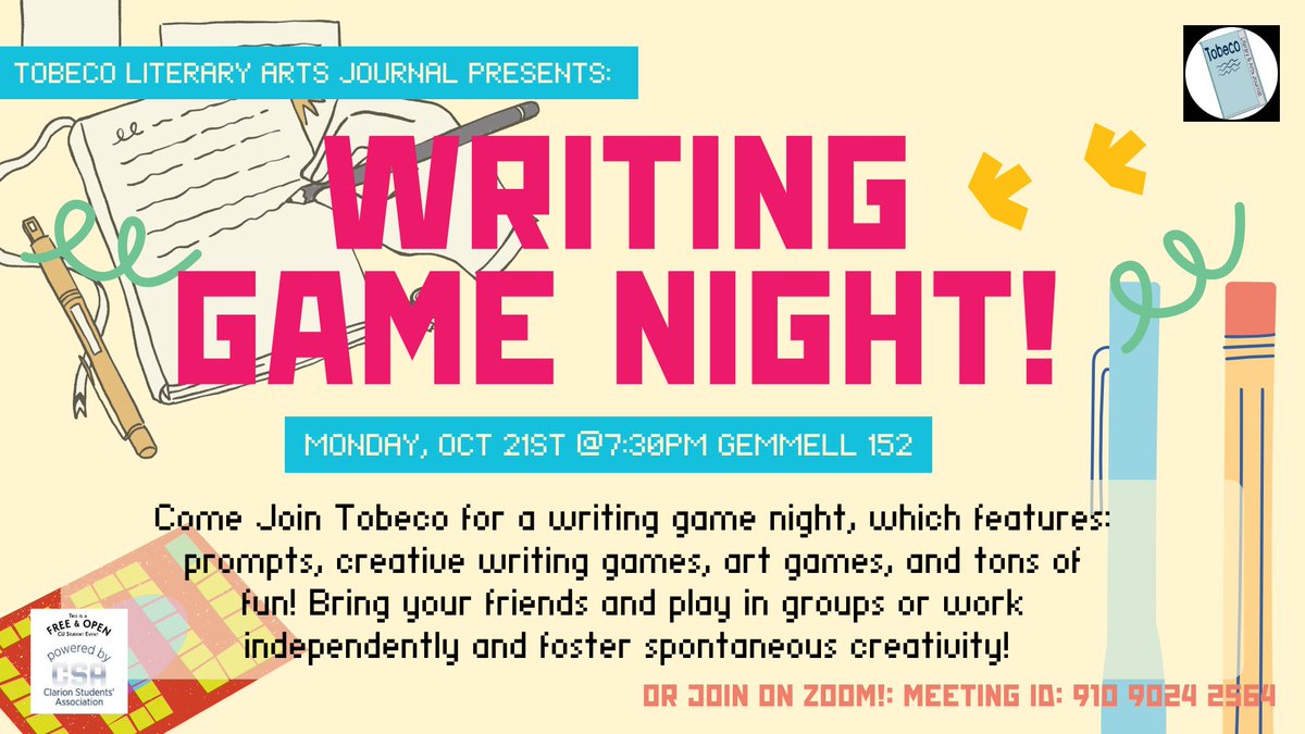TobecoJournal's tweet photo. MONDAY NIGHT! Join us in Gemmell 152 or on Zoom for writing games! https://t.co/GlyEkkeGfe