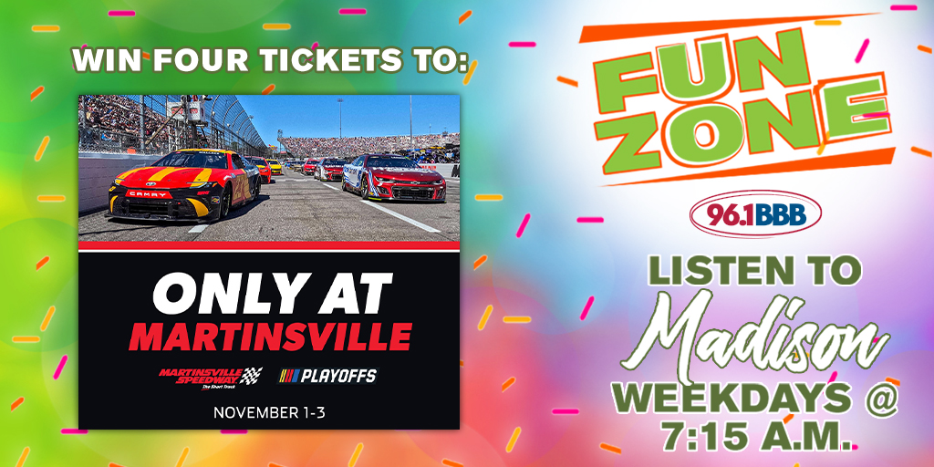 Listen every day this week during Fun Zone with Madison at 7:15 a.m. for your chance to win four tickets to the Xfinity 500 at Martinsville Speedway on Sunday, November 3rd! Come watch a NASCAR race at The Short Track.
