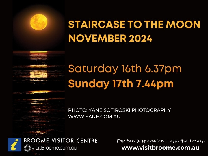 Staircase to the Moon - November 2024 Come up and join us in beautiful Broome for Staircase to the Moon. With affordable airfares from Perth, escape the cold and enjoy this natural celestial phenomenon over Roebuck Bay. #visitbroome Learn more >
visitbroome.com.au/events/stairca…