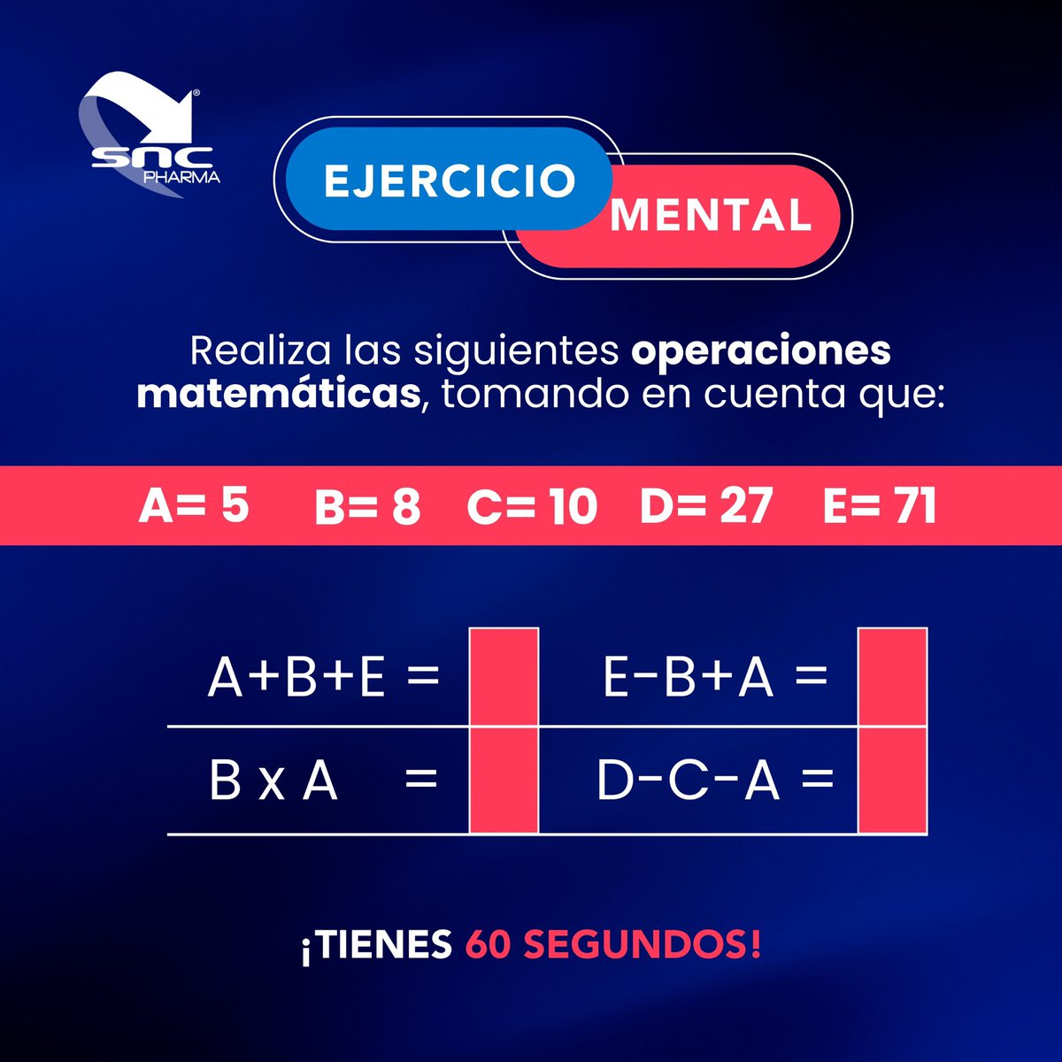 🔔 EJERCICIO MENTAL 🔔  ¡Tienes 60 segundos!

Realiza las operaciones matemáticas, tomando en cuenta las siguientes cifras.

¿Estás listo? ¡Déjanos tu respuesta en los comentarios y comparte! 🙏
