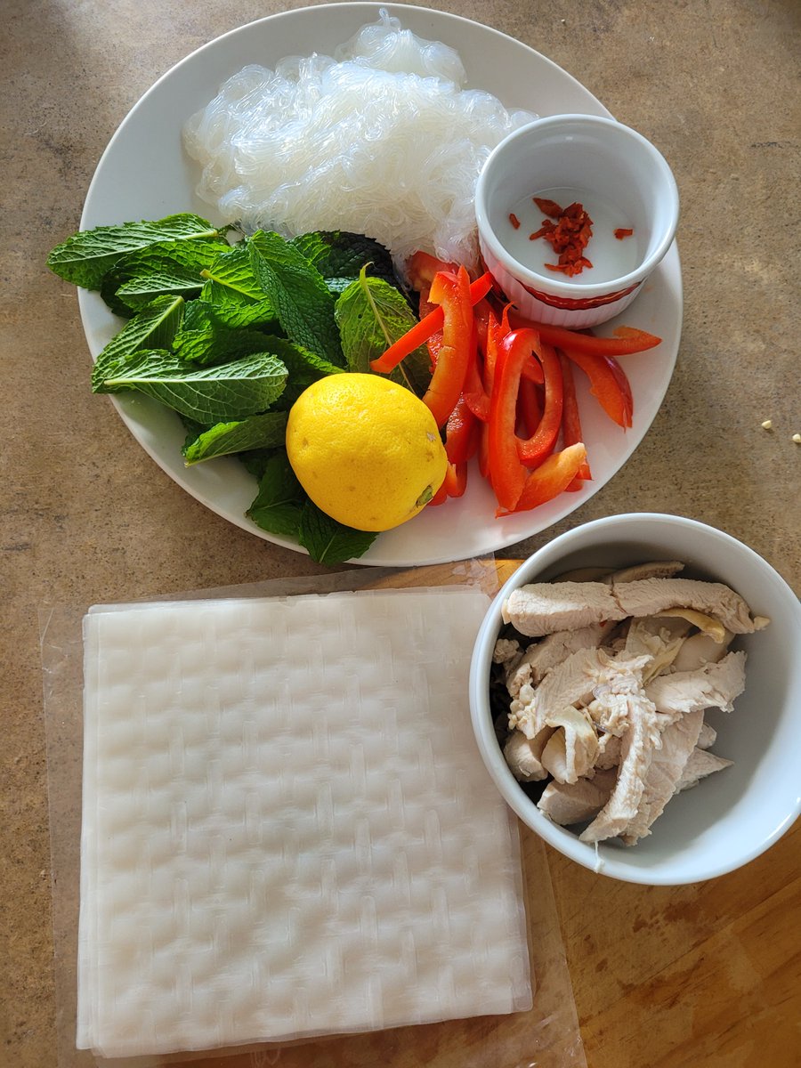 SoonLeeNZ's tweet photo. Fresh rice rolls with chicken, mint, red capsicum, mung bean vermicelli, with nuoc cham (dipping sauce). #cookingDiary #kai #food 🍜🍽️#cookingWithLisa
@lisaowennz
#CookingWithCheckpoint
@CheckpointRNZ https://t.co/9t83FyBhGo