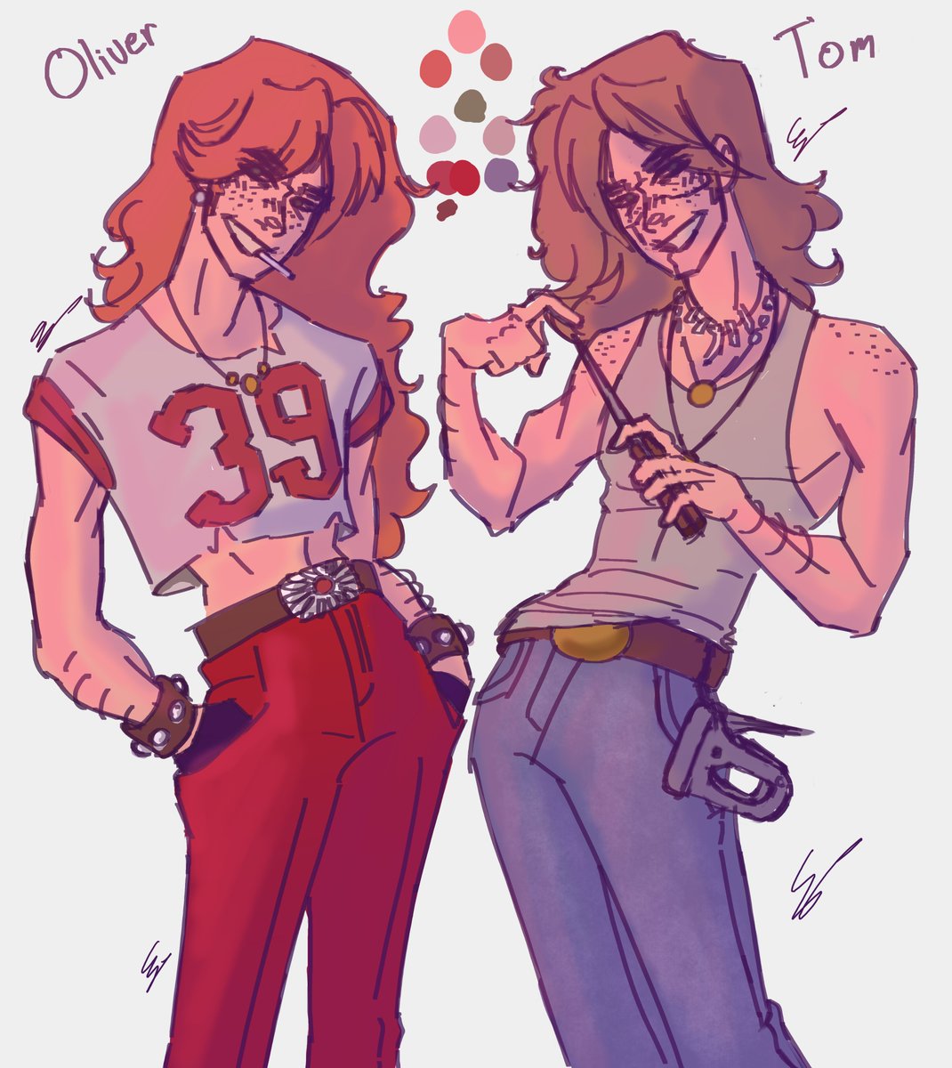 vampre_val's tweet photo. I can see the TCM Game is uuuhh...
Regardless I have a set of Survivor/Family ocs: Tommy and Oliver.
I really like how this artist I follow @rlnzlers shades with these like bright colors so I tried to do that. I failed. Hope y'all enjoy anyways lol. 
#TexasChainsawMassacre #OC https://t.co/ZEE1fk3bOt