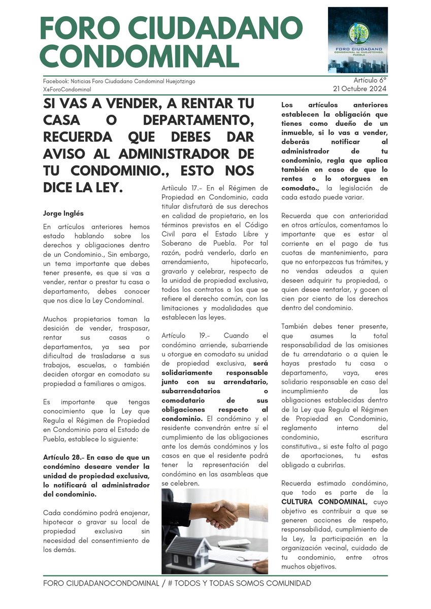 ForoCondominal's tweet image. 🌳🏡🏢📖🖋 SI VAS A VENDER, A RENTAR TU CASA O DEPARTAMENTO,
RECUERDA QUE DEBES DAR
AVISO AL ADMINISTRADOR DE
TU CONDOMINIO., ESTO NOS
DICE LA LEY.