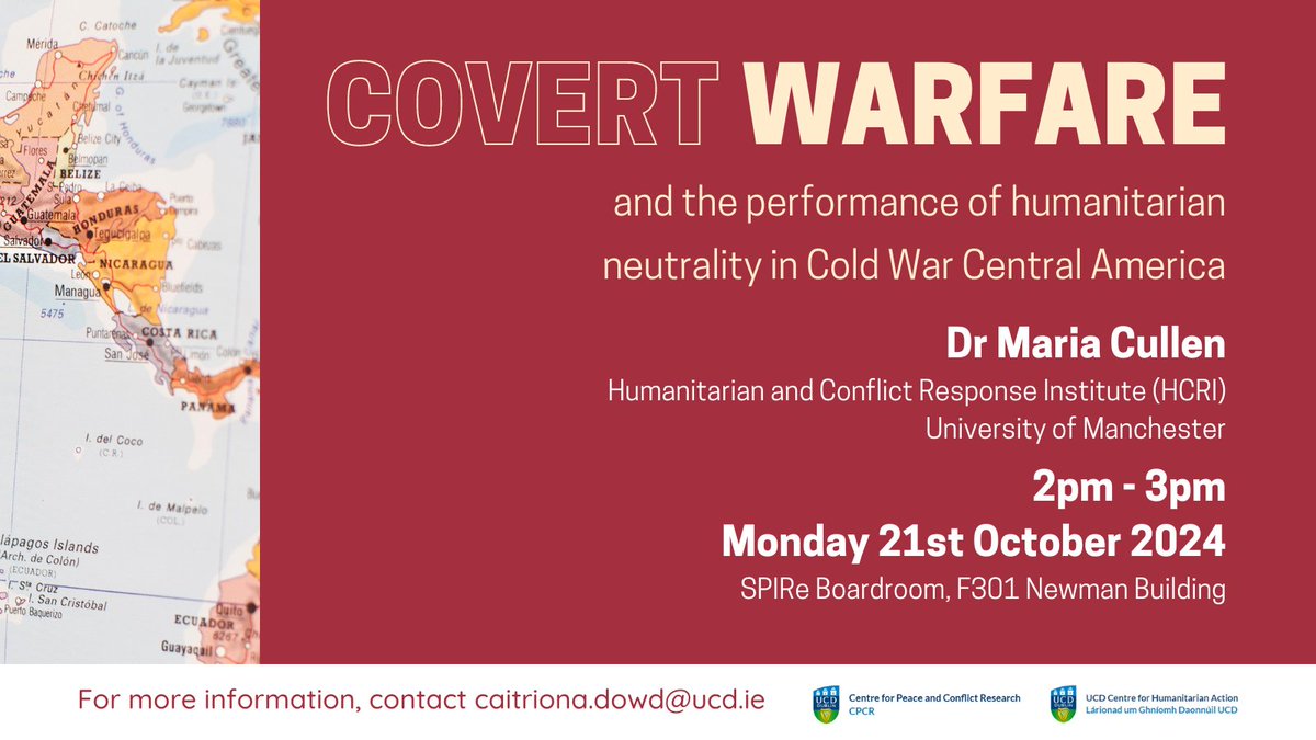 Sulagna Maitra (@sulagna_maitra) on Twitter photo Looking forward to the presentation by Dr Maria Cullen @MariaCu94 on Covert Warfare and the Performance of Humanitarian Neutrality in Cold War Central America
<a href="/UCDCentreforHA/">UCD Centre for Humanitarian Action</a> #UCDCentreforPeaceandConflictResearch
<a href="/CaitrionaDowd/">Caitriona Dowd</a>
<a href="/dawnwalsh/">Dr Dawn Walsh</a>
#HumanitarianAid
<a href="/Oxfam/">Oxfam International</a> <a href="/MSF/">MSF International</a> #Honduras Looking forward to the presentation by Dr Maria Cullen @MariaCu94 on Covert Warfare and the Performance of Humanitarian Neutrality in Cold War Central America
<a href="/UCDCentreforHA/">UCD Centre for Humanitarian Action</a> #UCDCentreforPeaceandConflictResearch
<a href="/CaitrionaDowd/">Caitriona Dowd</a>
<a href="/dawnwalsh/">Dr Dawn Walsh</a>
#HumanitarianAid
<a href="/Oxfam/">Oxfam International</a> <a href="/MSF/">MSF International</a> #Honduras