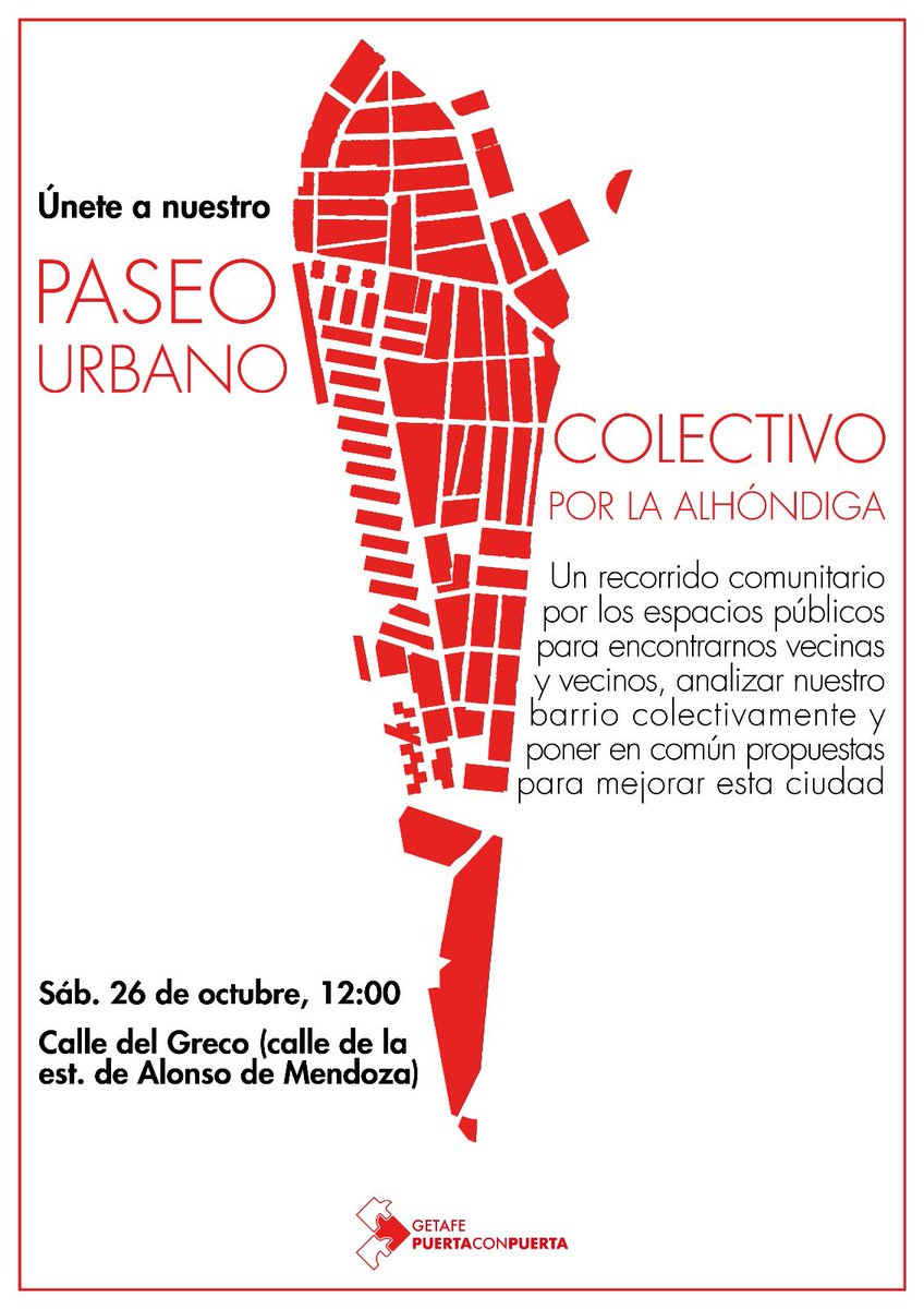 Este sábado, 26 de oct. (12:00, est. Alonso de Mendoza), organizamos un segundo paseo urbano colectivo por La Alhóndiga, #Getafe.

Os animamos a acompañarnos y recorrer los espacios públicos analizando el barrio colectivamente y poniendo en común propuestas para mejorar la ciudad