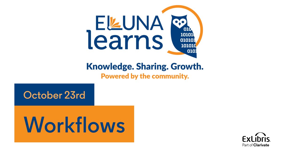 ExLibrisGroup's tweet image. Join the 2024 ELUNA Learns &quot;Workflows&quot; session for insights on Rialto queries, rethinking workflows, and driving change in technical services.

Register now: el-una.org/meetings/eluna…

#LibraryInnovation #LibraryWorkflows #LibraryCommunity