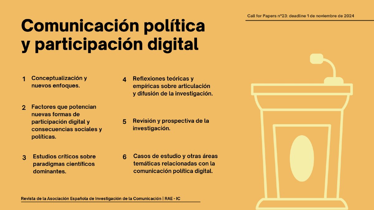 Últimas semanas para enviar trabajos inéditos al #CfP del nº 23: 'Comunicación política y participación digital' 🎤🤳🏾🗳️

🗓 Hasta el 1 de noviembre de 2024.

👥 Coordinan Marta Cantijoch Cunill y Eva Campos Domínguez

Más ℹ️ en revistaeic.eu/index.php/raei…

#RevistaAEIC #ComPol