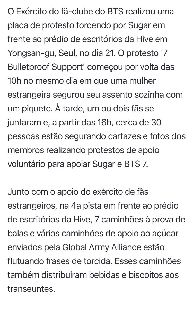 kookflowers's tweet photo. “O Fandom do BTS, Army realizou um sinal de protesto torcendo por Suga em frente a Hybe… Junto com o apoio dos Armys estrangeiros, em frente ao prédio da Hybe, vários caminhões de apoio ao Suga” O Artigo mencionando o apoio do fandom internacional a Min Yoongi; pois muito bem https://t.co/4AYz2g2BkQ