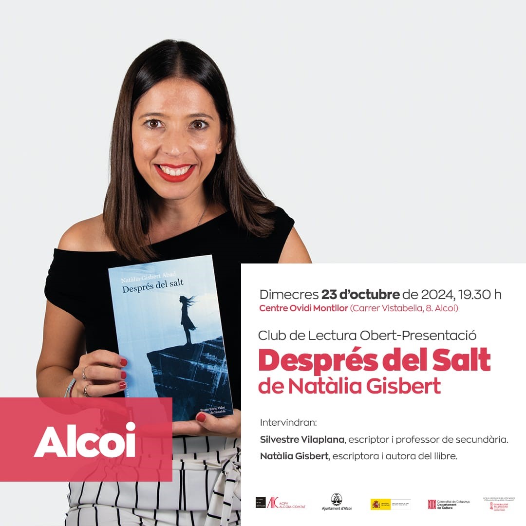 Natàlia Gisbert presenta «Després del salt» aquest dimecres al Centre Ovidi Montllor d'Alcoi. L'acompanyarà l'escriptor i professor de secundària, Silvestre Vilaplana.

🕖 A les 19.30 hores
📍 Centre Ovidi Montllor d'Alcoi (c/ Vistabella, 8)

No hi podeu faltar!