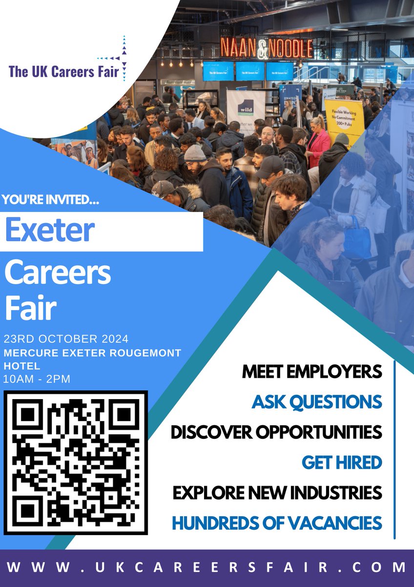 Don't miss out - #Exeter Careers Fair on the 23rd October!

🚩 Hosted by Mercure Exeter Rougemont Hotel
✅ Lots of employment and training opportunities

From 10am - 2pm. Drop in and talk to employers + training providers in the South West.

#Employment #AdultEducation #Skills