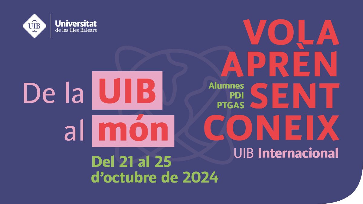 UIBTalent (@uibtalent) on Twitter photo 📢 Participa en la primera Setmana Internacional de la Mobilitat a la <a href="/UIBuniversitat/">Universitat de les Illes Balears - UIB</a>: De la UIB al món!
#UIBIdiomes col·laboram els dies 22 i 24 d'octubre. A més, el 23 d'octubre, a la jornada de portes obertes, tindrem un estand.
➡️ bit.ly/4h3UV5H 📢 Participa en la primera Setmana Internacional de la Mobilitat a la <a href="/UIBuniversitat/">Universitat de les Illes Balears - UIB</a>: De la UIB al món!
#UIBIdiomes col·laboram els dies 22 i 24 d'octubre. A més, el 23 d'octubre, a la jornada de portes obertes, tindrem un estand.
➡️ bit.ly/4h3UV5H