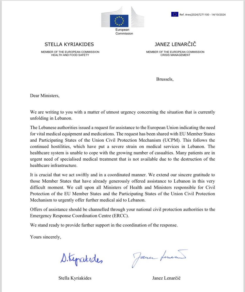 SKyriakidesEU's tweet photo. Together with @JanezLenarcic we call for urgent and swift support to the Lebanese authorities that have requested medical aid from the European Union.

Lebanon is in immediate need of vital medical equipment and we count on #TeamEurope to deliver. https://t.co/PCZwrA1wlf