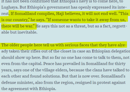 Guntigaab's tweet photo. An unwavering stance against Ethiopia

"This is our country," he says. "If someone wants to take it away from us, there will be war." He says this not as a threat, but as a fact, regrettable but inevitable. - Sahal Bashe Haji

Munzinger, Paul. "Land in Sight." Süddeutsche Zeitung, 28 January 2024.