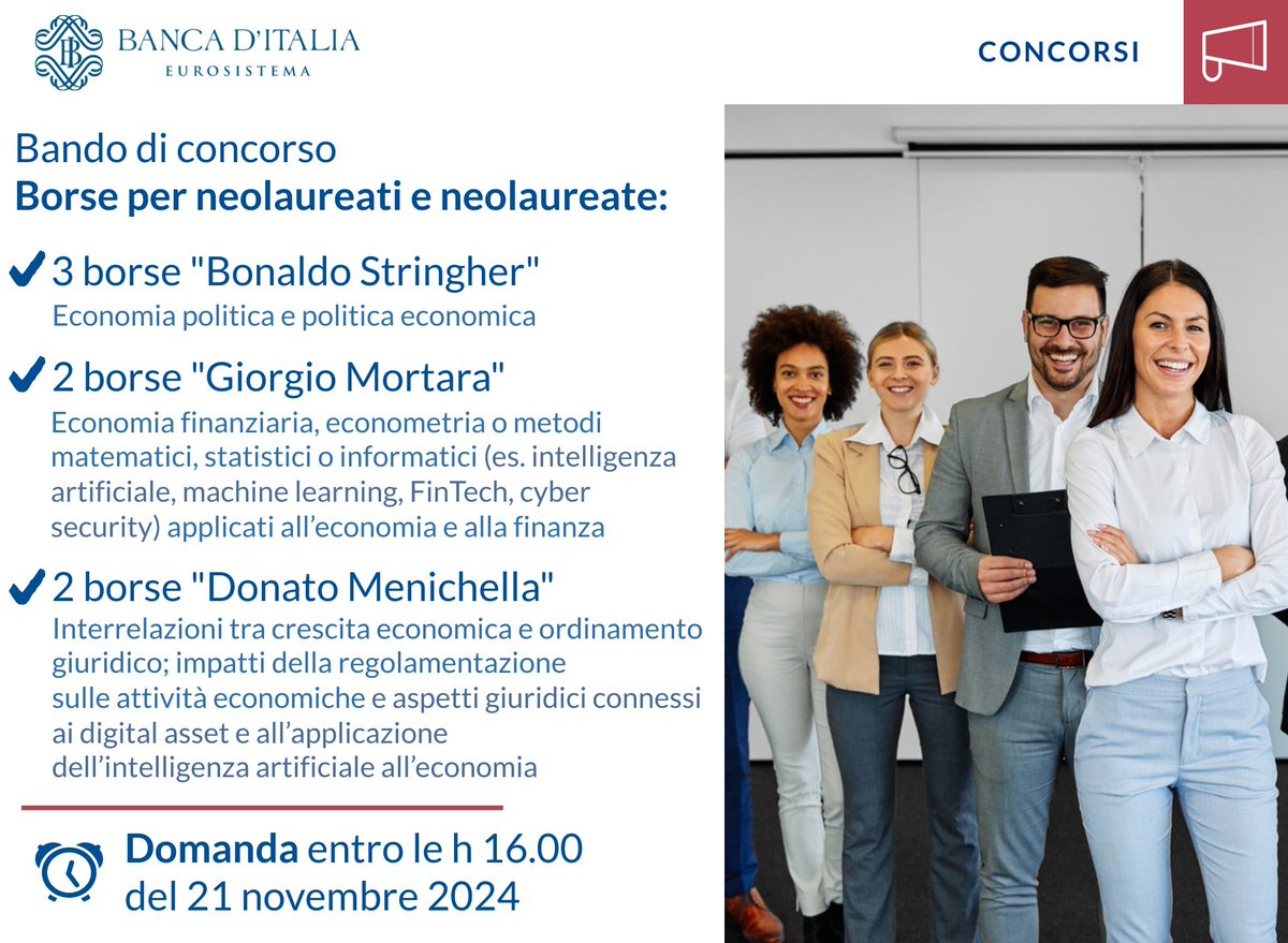📌C'è ancora tempo fino al 21 novembre #BorseDiStudio #BorseDiLaurea 👨‍🎓👩‍🎓 Hai da poco conseguito una brillante #laurea in economia, giurisprudenza o in ambito #STEM presso un’Università italiana e vuoi dare una spinta internazionale alla tua preparazione?
📢 #Bankitalia mette a