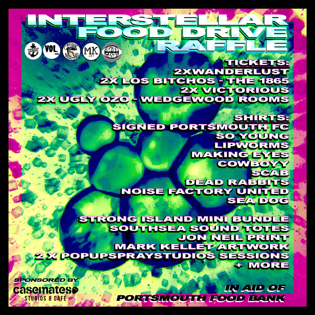 StrongIslandRec's tweet image. Interstellar Food Drive news! LIPWORMS join the line-up PLUS we have a mega raffle, with prizes from such as a @Pompey signed shirt, @SoYoungMagazine t-shirts, @VictoriousFest tickets, Wanderlust Festival tickets, Los Bitchos 1865 tickets and lots and lots more!