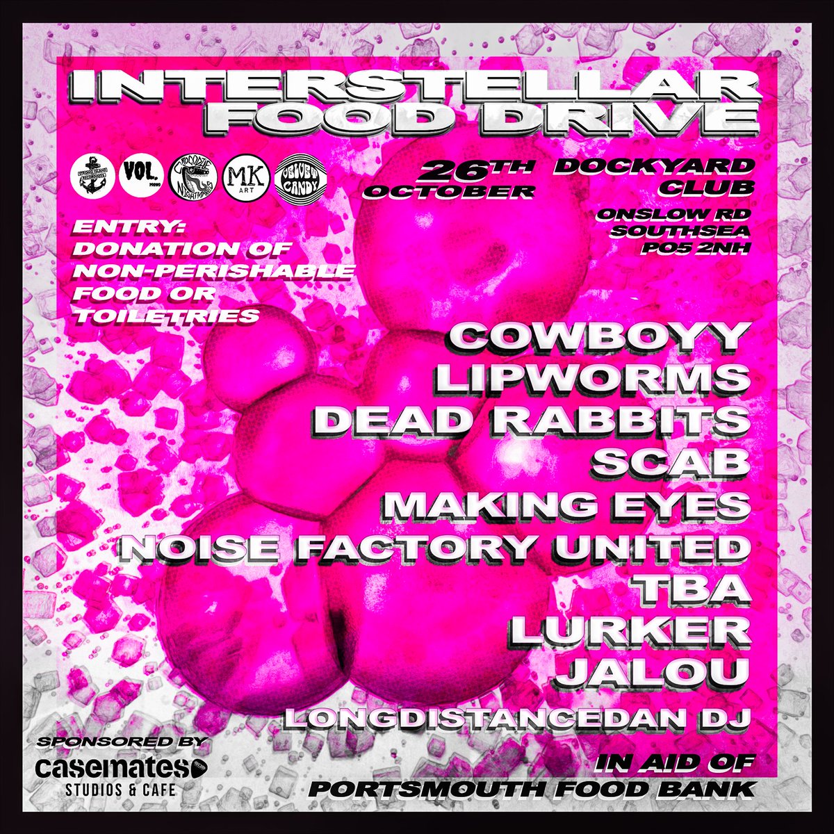 StrongIslandRec's tweet image. Interstellar Food Drive news! LIPWORMS join the line-up PLUS we have a mega raffle, with prizes from such as a @Pompey signed shirt, @SoYoungMagazine t-shirts, @VictoriousFest tickets, Wanderlust Festival tickets, Los Bitchos 1865 tickets and lots and lots more!