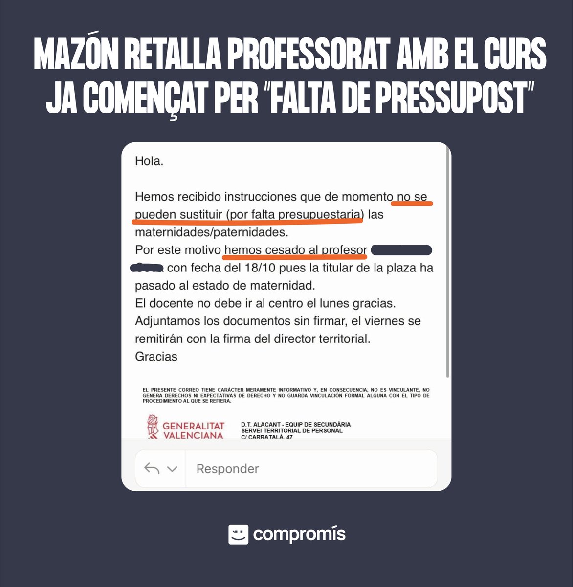 compromis's tweet photo. ‼️ ATENCIÓ:

Ens fan arribar el correu que la Conselleria d'Educació està enviant als centres educatius.

El PP de Mazón està retallant professorat de la pública el mateix mes que ell i el conseller s'han pujat el sou. https://t.co/qEN5iM7tyT