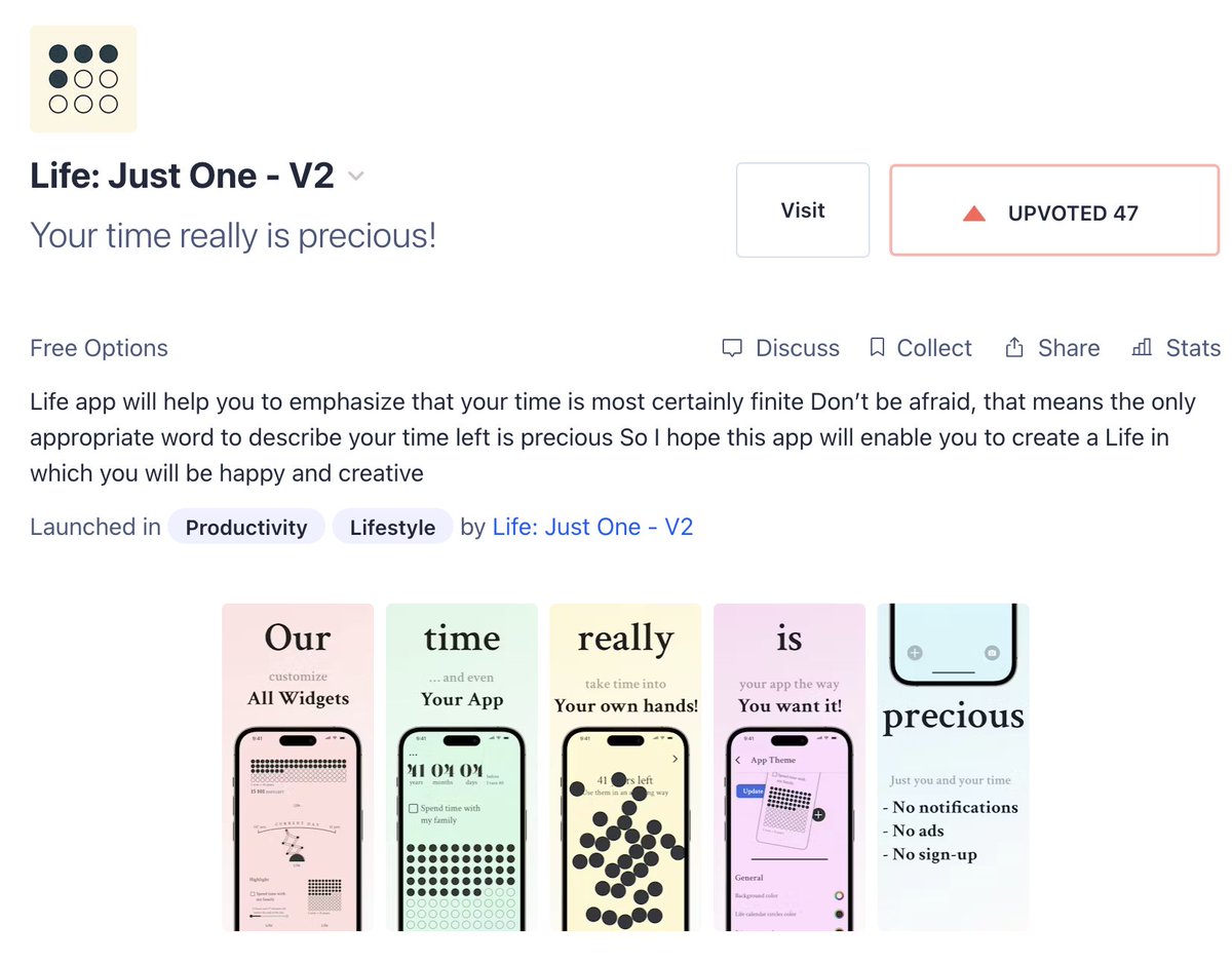 JulienLacr0ix's tweet image. 47 upvotes so far on @ProductHunt! 
That’s pretty good! 
Thank you everyone! 🙏
producthunt.com/posts/life-jus…