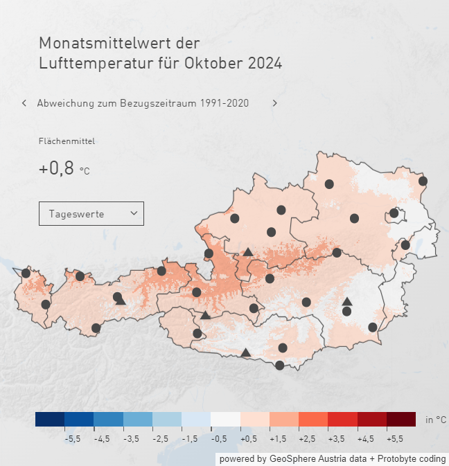 MarcusWadsak's tweet photo. Oktober-Zwischenstand: +0,8 Grad wärmer als der Schnitt der aktuellen Klimanormalperiode. Er wird auch am Ende zu warm gewesen sein. Damit heuer bereits 10 Monate überdurchschnittlich warm. https://t.co/Ys4HYXuEgv