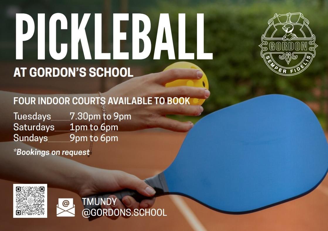 Pickle ball comes to Gordon’s! Four indoor courts are now available to hire on Tuesdays, Saturdays and Sundays at competitive rates. All equipment provided. Contact tmundy@gordons.school to book your courts. <a href="/GordonsPEDept/">GordonsPE</a> #pickleball #pickleballsurrey