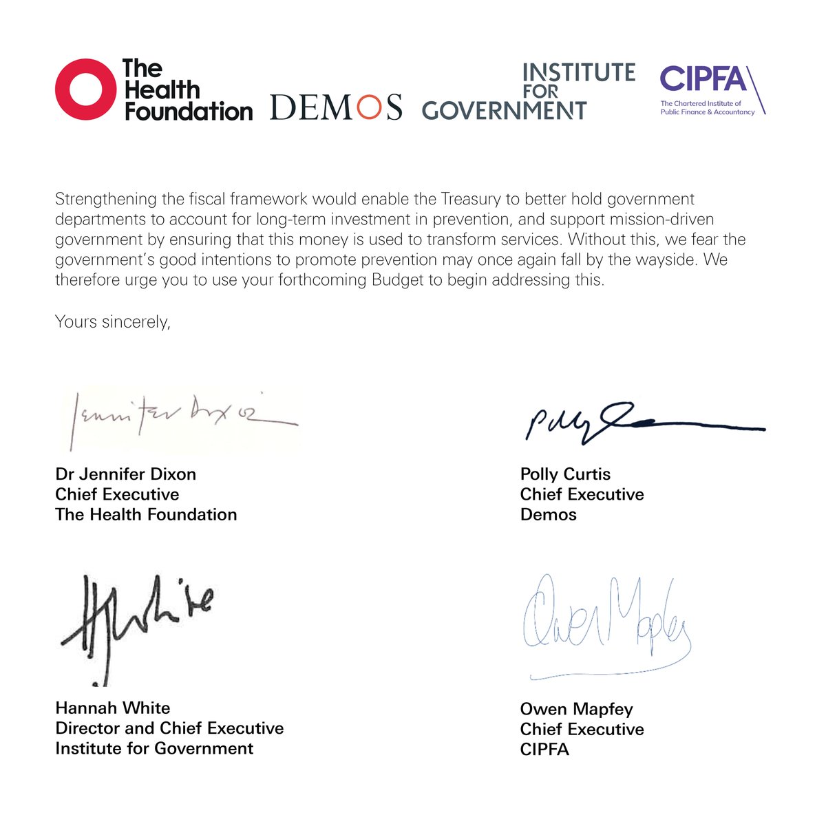 Together with <a href="/HealthFdn/">The Health Foundation</a>, <a href="/instituteforgov/">Institute for Government</a> and <a href="/CIPFA/">@CIPFA</a>, we have written to Chancellor <a href="/RachelReevesMP/">Rachel Reeves</a> urging for greater spending on prevention in next week's budget. ⬇️