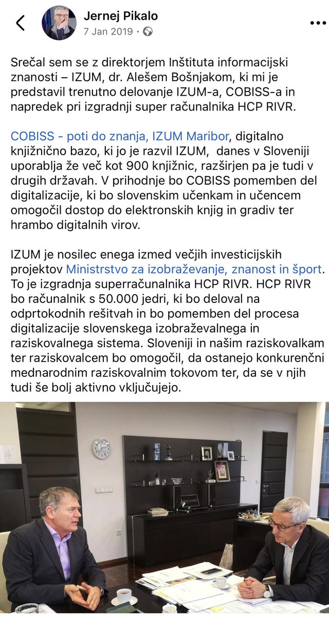 Eno od prvih dejanj, ko sem ponovno postal minister l. 2018, je bil podpis 17 mio EUR vredne sofinancerske pogodbe za superračunalnik v Mariboru. Junija 2019 je bil izbran za nadgradnjo v EuroHPC. Aprila 2021 je začel delovati. Brez praznih preigravanj. Samo z delom mnogih.