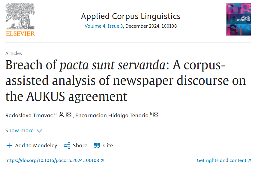 New week, new paper 📰

Our fellow member <a href="/hidalgo_tenorio/">E. Hidalgo Tenorio</a> has published a new study based on how media covered the AUKUS Agreement using Sentiment Analysis and Corpus-Assisted Discourse Studies.

🪧 You can take a look by accessing the DOI: doi.org/10.1016/j.acor…