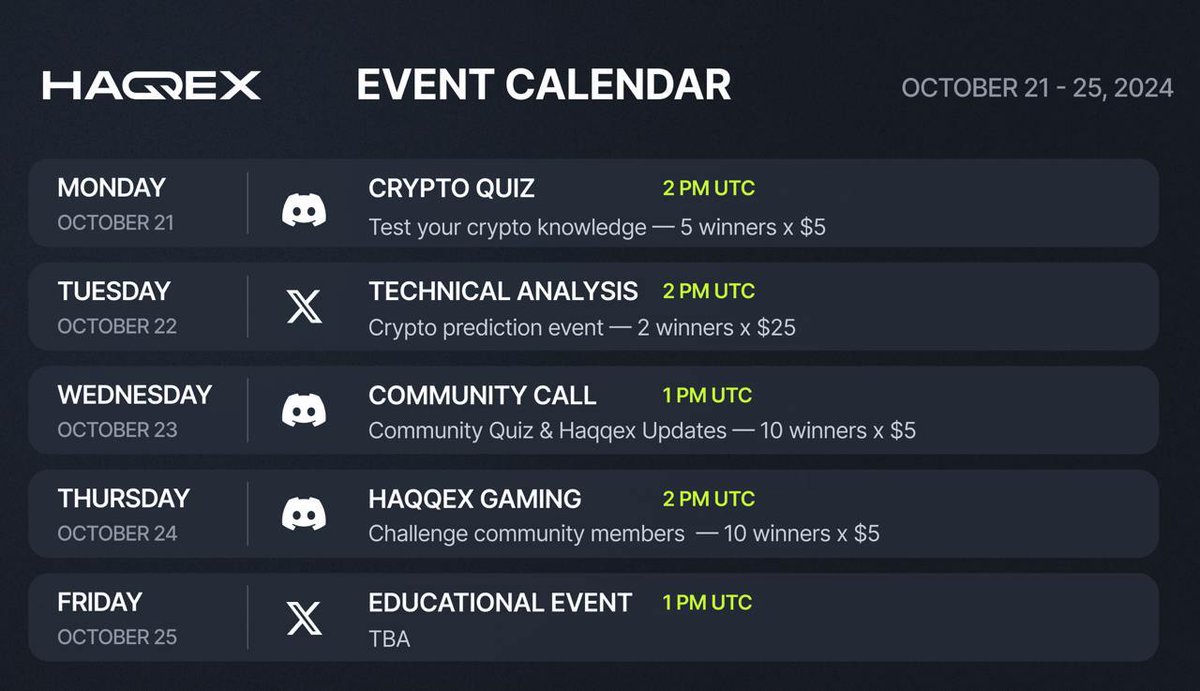 New week packed with <a href="/HaqqexHQ/">Haqqex</a> events 🔥 

Join our interactive learning activities and earn rewards 🏆

#Haqqex aims to empower Muslims &amp; crypto enthusiasts to confidently navigate the exciting world of crypto in accordance with Islamic principles.

p.s. today is the last day to