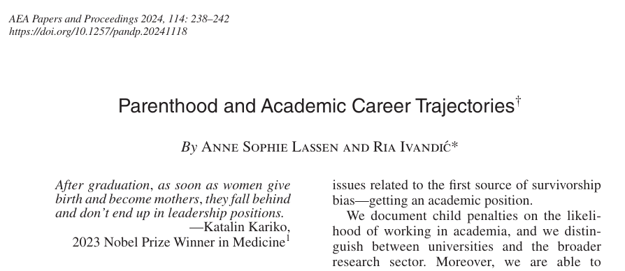 Ria Ivandić (@riaivandic) on Twitter photo What happens to women in economics after having a child? They are are more likely to leave research careers and less likely to get tenure in the first 5 years after childbirth. Summary of the paper is in <a href="/CEP_LSE/">Centre for Economic Performance</a> Centrepiece and paper in AEA P&P w/ <a href="/AnSoLassen/">Anne Sophie Lassen</a> What happens to women in economics after having a child? They are are more likely to leave research careers and less likely to get tenure in the first 5 years after childbirth. Summary of the paper is in <a href="/CEP_LSE/">Centre for Economic Performance</a> Centrepiece and paper in AEA P&P w/ <a href="/AnSoLassen/">Anne Sophie Lassen</a>