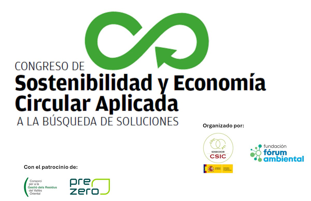 Os presentamos el Congreso de Sostenibilidad y Economía Circular Aplicada, una iniciativa de la <a href="/f_f_ambiental/">F Fórum Ambiental</a> y el <a href="/CSIC/">CSIC</a> <a href="/PTISosEcoCir/">PTI-SosEcoCir - CSIC</a> .
Con el patrocinio de <a href="/cresidusvo/">Consorci Residus VO</a> y <a href="/PreZero_ES/">PreZero España</a>
🗓️11-12 de diciembre
📍CSIC Serrano 117. Madrid
pti-sosecocir.csic.es/cseca/
