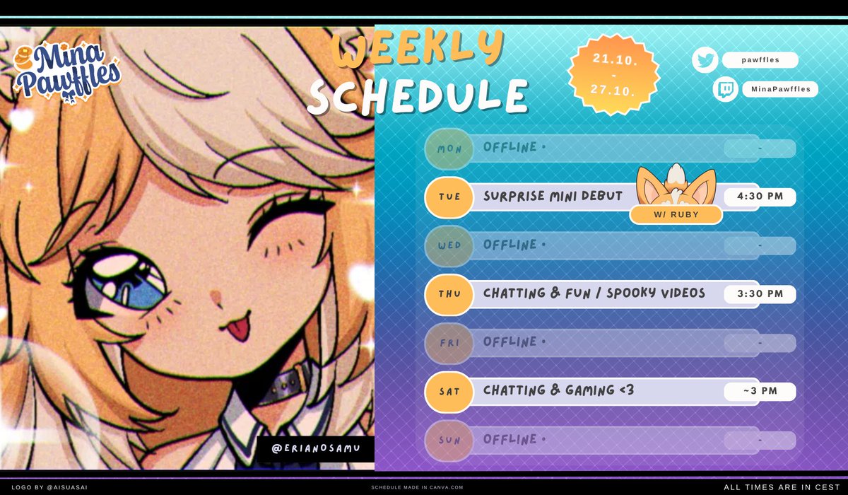 pawffles's tweet image. ✨ SCHEDULE ✨
🗓️OCT 21 - OCT 27

A short week due to an anniversary, my nephew&apos;s birthday and work! Do not miss out on Tuesday though... 👀

────── ♡ ──────
🎨 erianosamu_